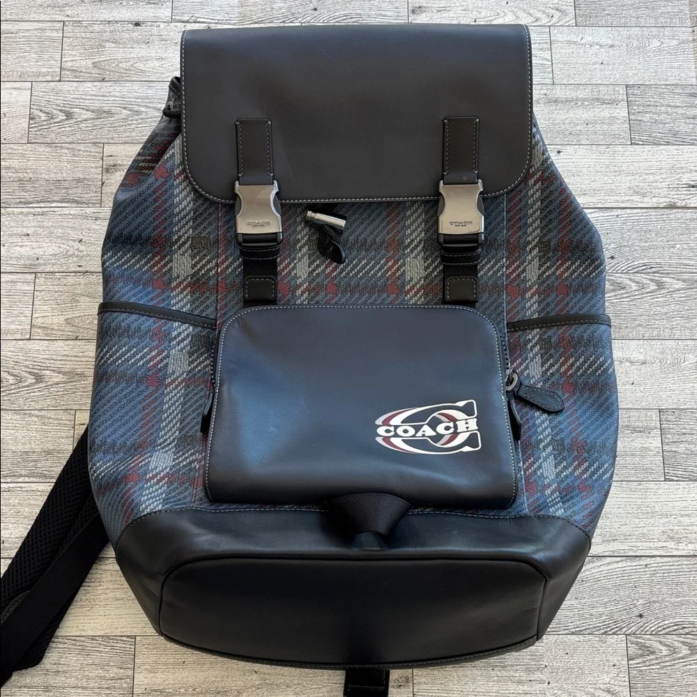Coach Leather Backpack Blue Track Plaid Laptop Travel Carry On Bag Quiet Luxury‎